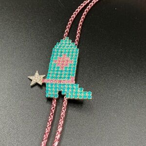 Dorothy Bauer signed rhinestone Pink blue necklace Western cowboy Boot Bolo Tie